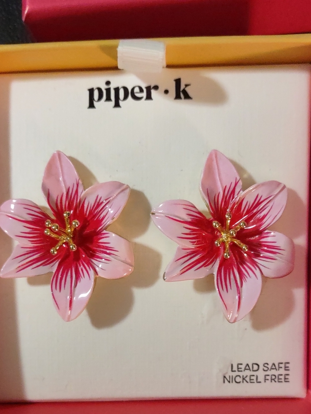 NWT Piper K Pink Hand Painted Tiger Lily Floral Statement Stud Earrings